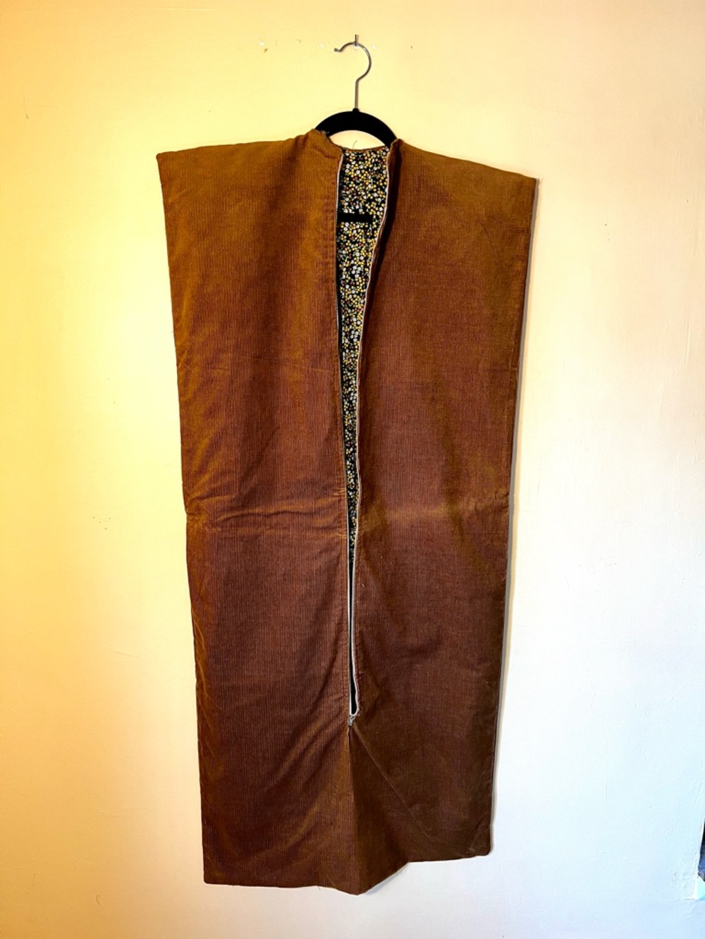Corduroy Garment Storage Bag in Brown Corduroy with calico/floral lining